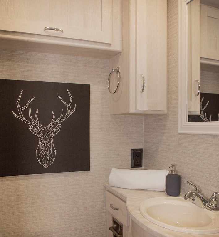 Contemporary interior bathroom of the Winnebago Intent.