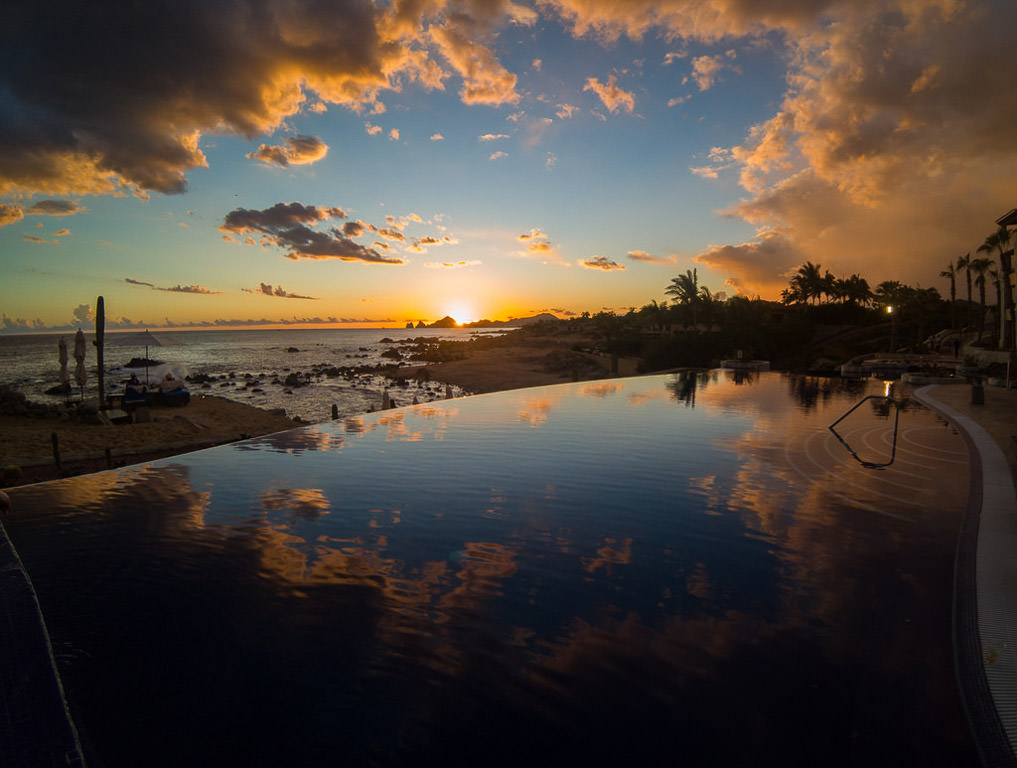 View of ocean and sunrise from infinity pool.