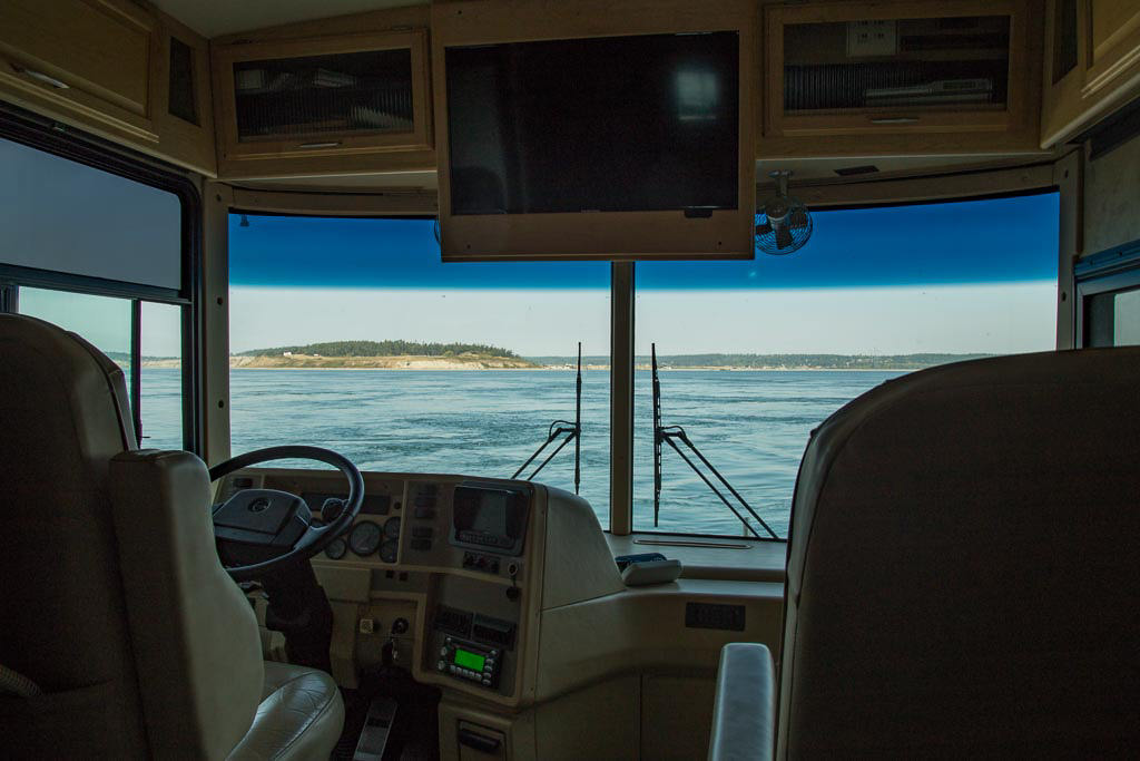 View of ocean out of the windshield of the Journey