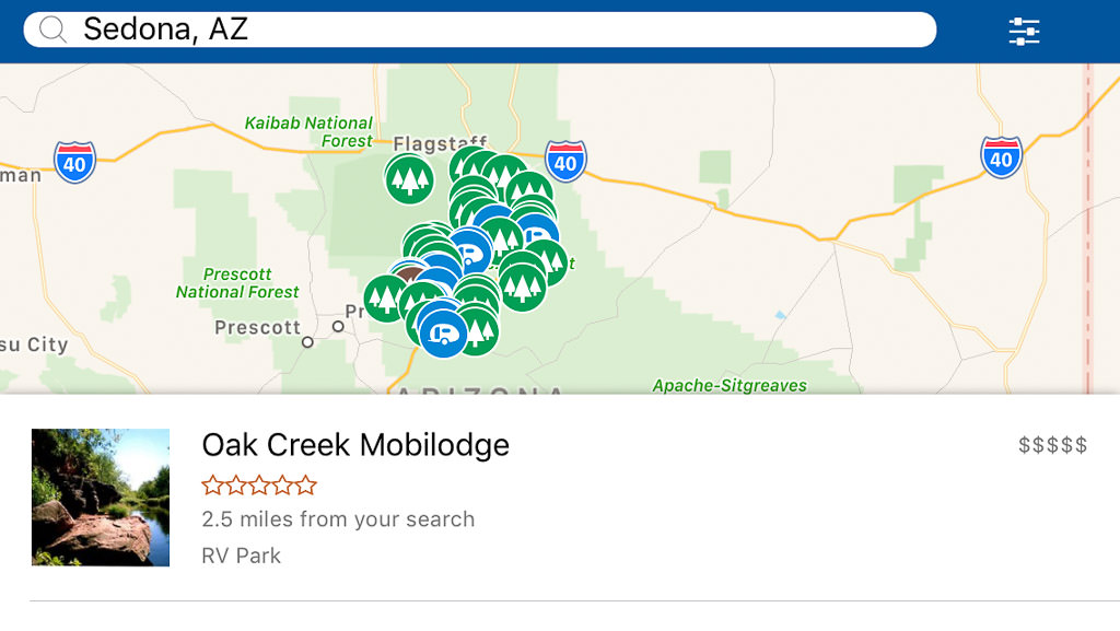 Screenshot example of campendium app
