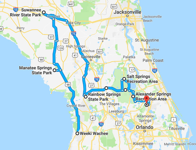 GoogleMaps route from Weeki Wachee to Alexander Springs Recreation Area.