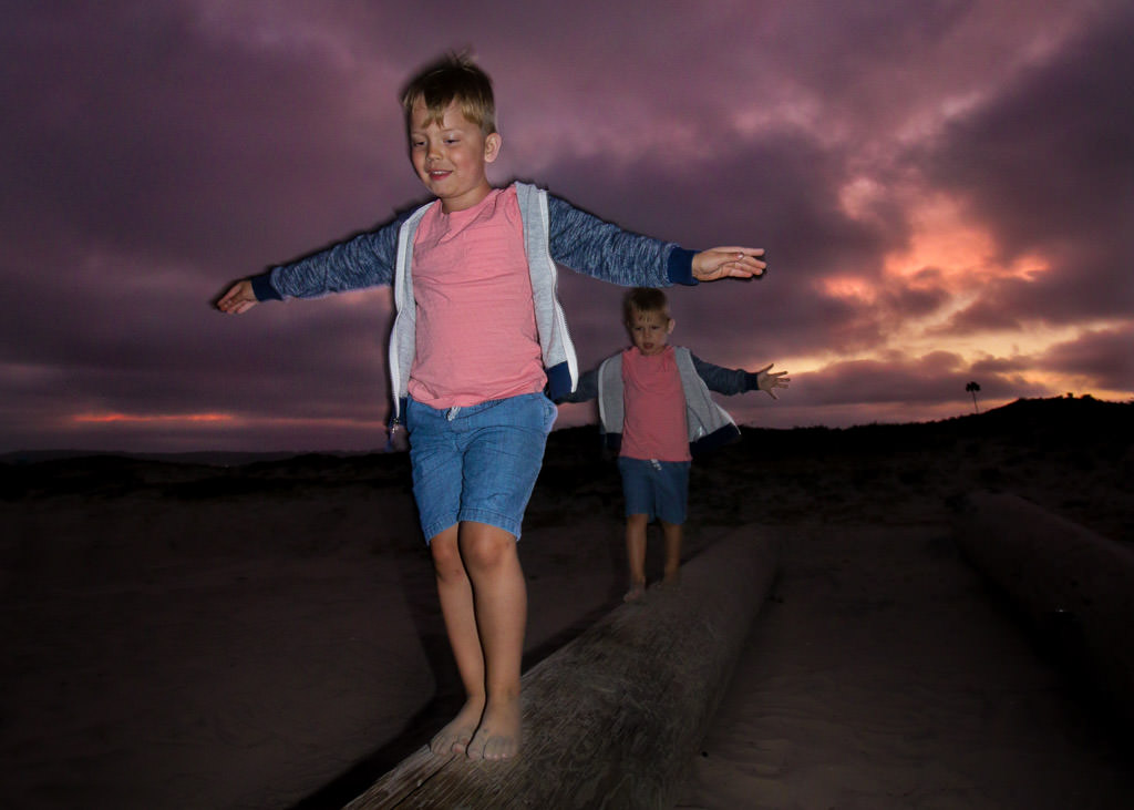 Brady and Baily walking across log during sunset