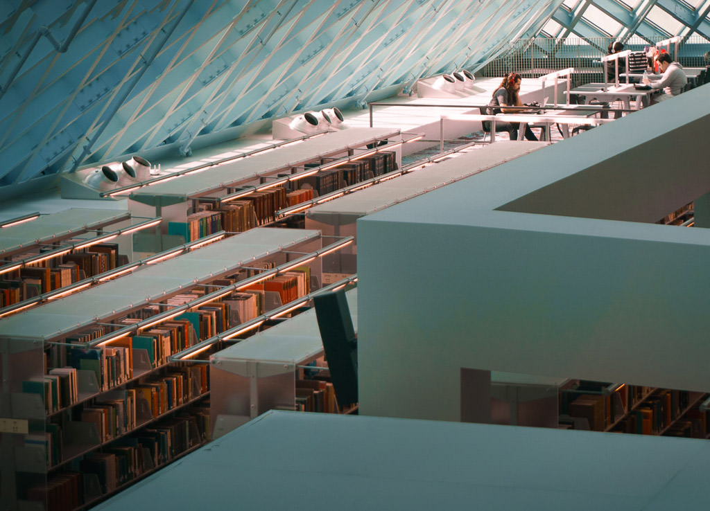 Rows of books inside Singing Winds Bookstore.