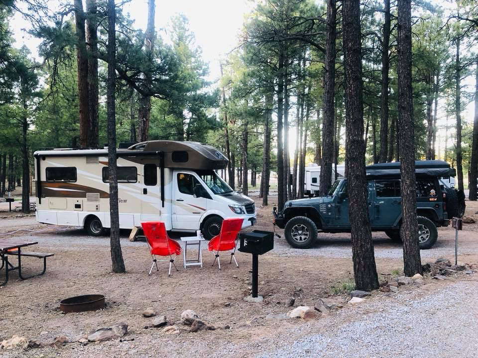 Winnebago View parked next to tow car in a campsite surrounded by trees.