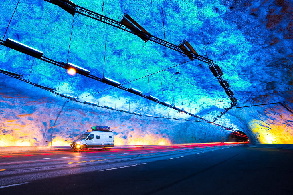Winnebago Revel driving through Laerdal Tunnel.